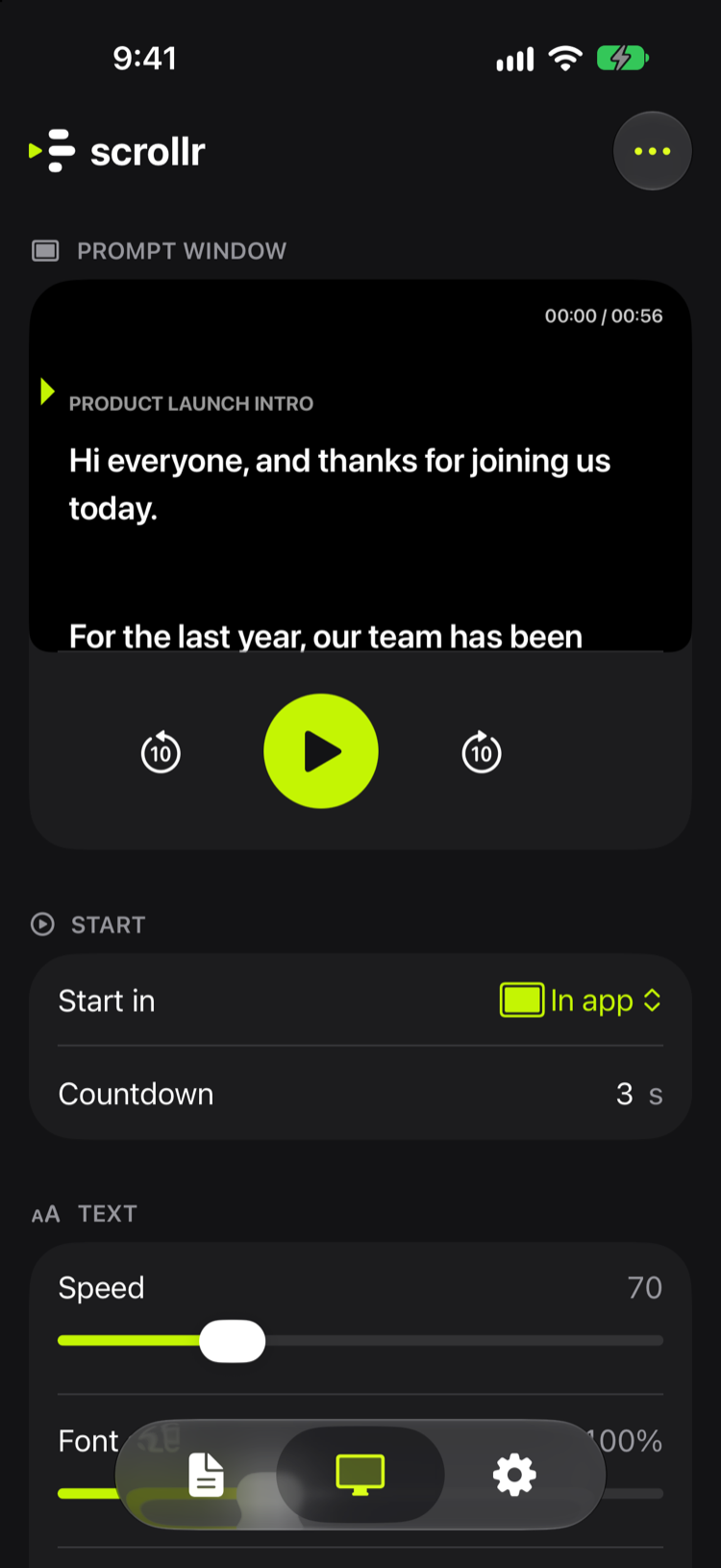 scrollr teleprompter app on iPhone: the Prompter screen with the prompt window, player controls, and settings